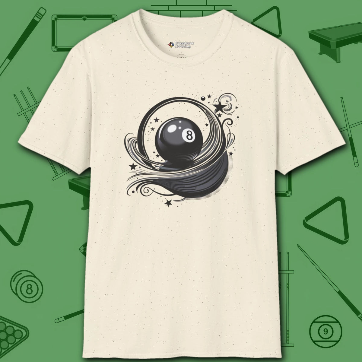 Eight Ball Ribbons & Stars T-Shirt, in Natural color, billiards shirt, front view
