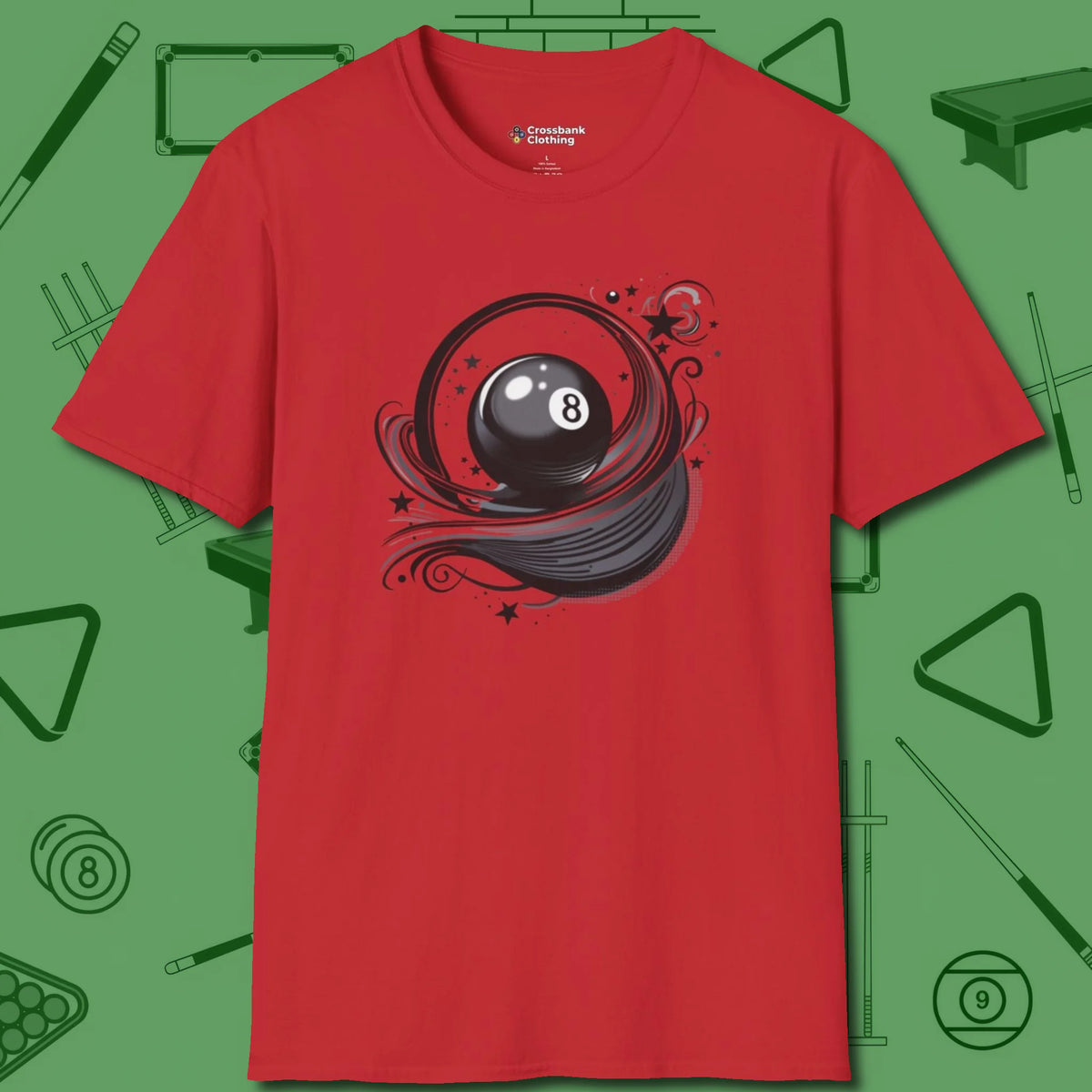 Eight Ball Ribbons & Stars T-Shirt, front view, in Red it’s not a hobby — it’s a lifestyle