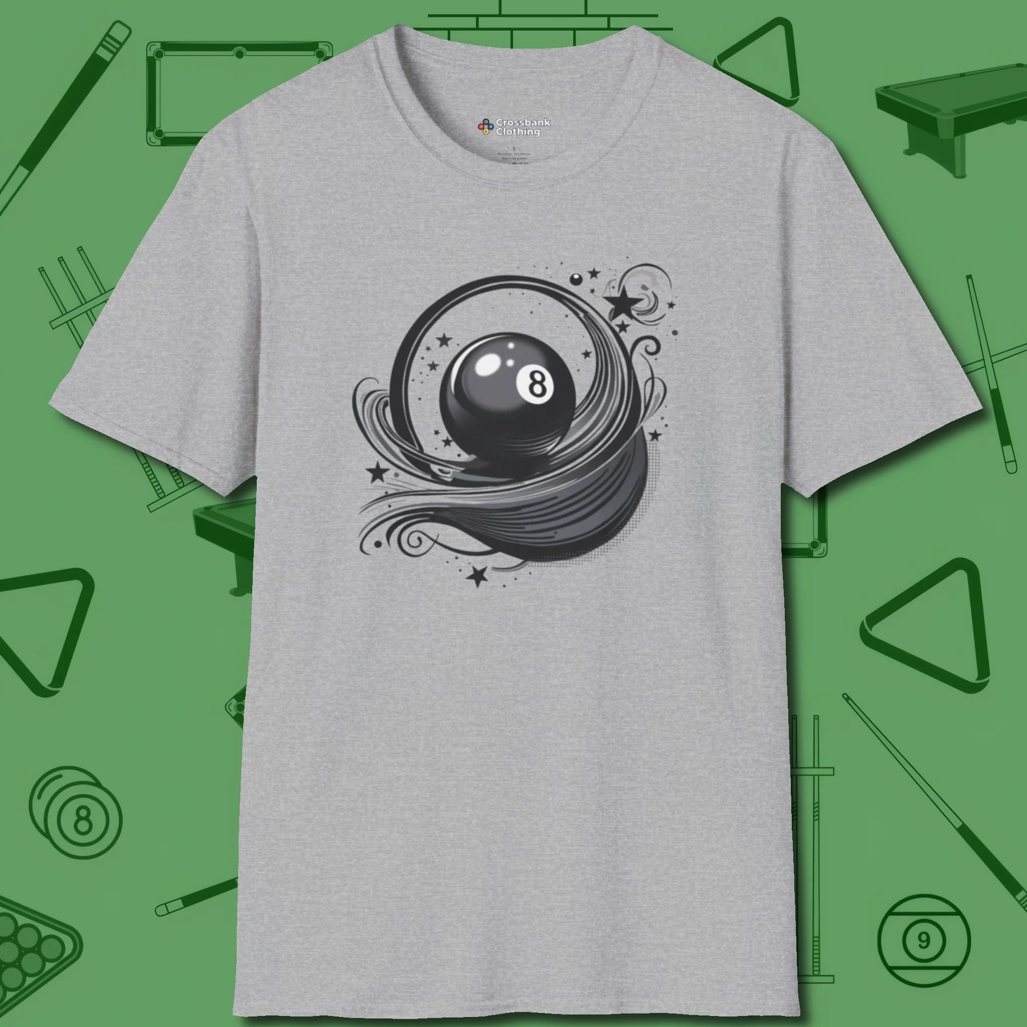 Eight Ball Ribbons & Stars T-Shirt, front view, in Sport Grey look good while calling your pocket