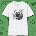 Eight Ball Ribbons & Stars T-Shirt, in White color, billiards shirt, front view