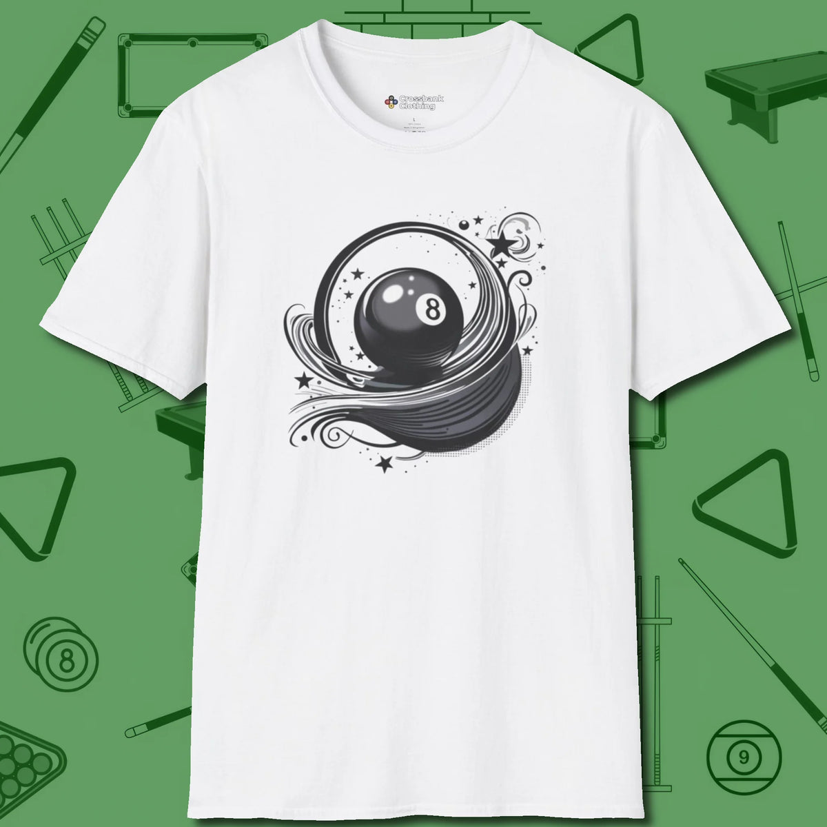 Eight Ball Ribbons & Stars T-Shirt, front view, in White designed for dead stroke and deadpan looks