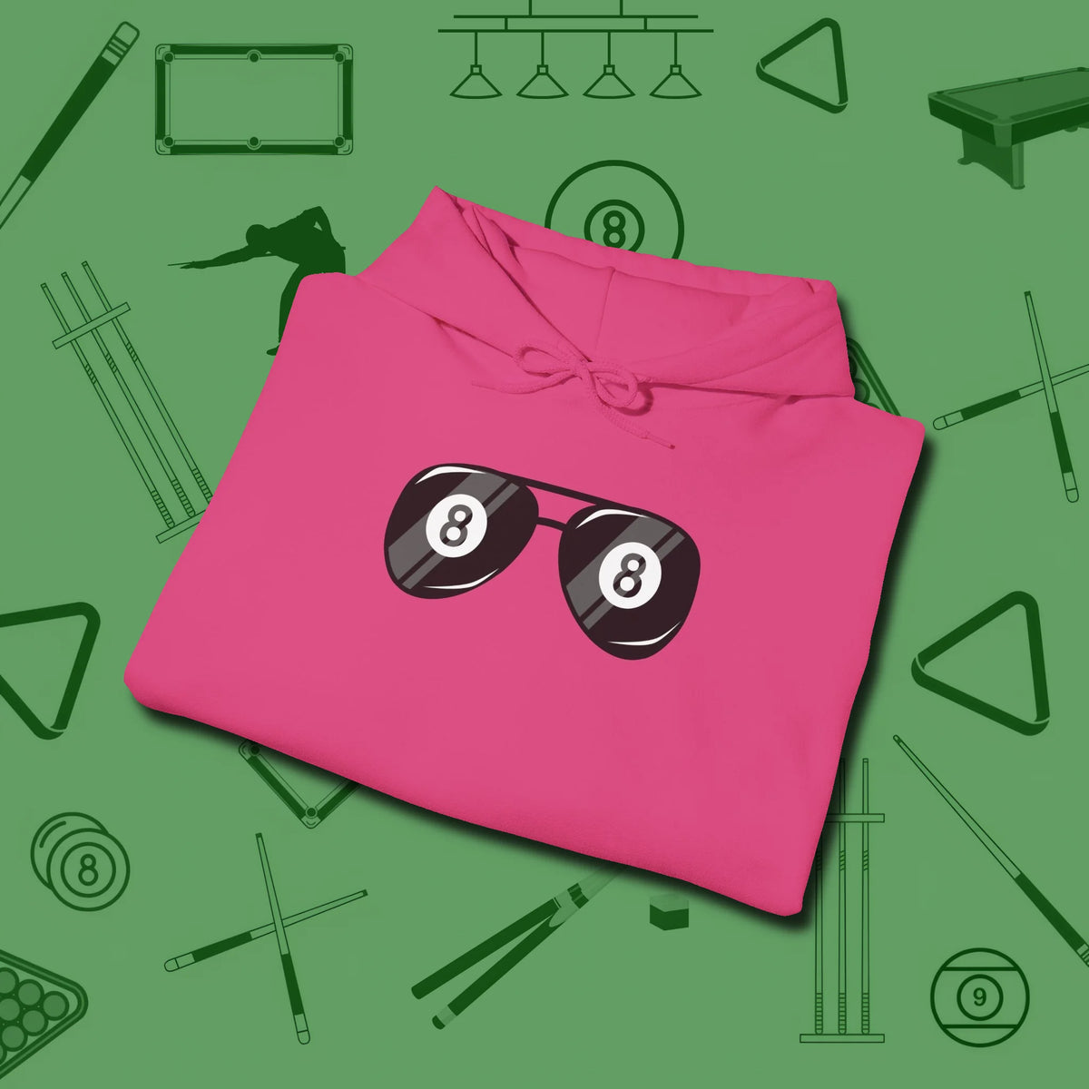 Eight Ball Shades Hoodie, folded view, in Heliconia as serious as your stroke