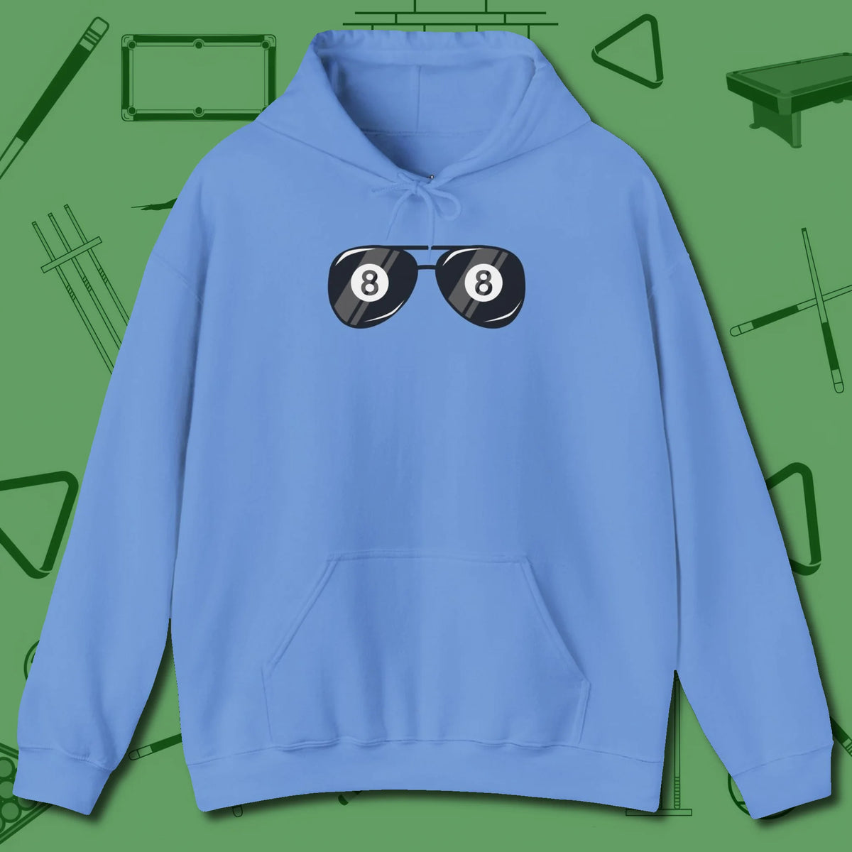 Eight Ball Shades Hoodie, front view, in Carolina Blue precise, confident, always in control