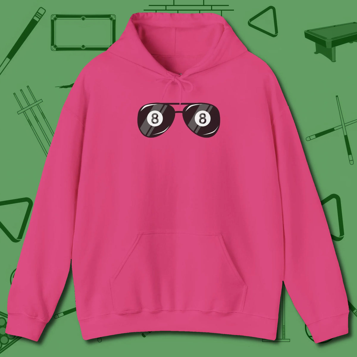Eight Ball Shades Hoodie, front view, in Heliconia designed for dead stroke and deadpan looks
