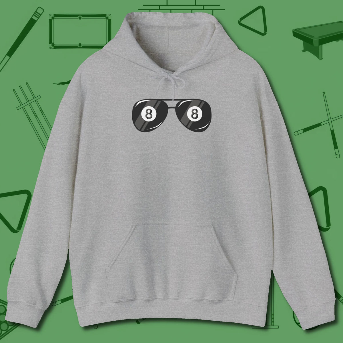 Eight Ball Shades Hoodie, front view, in Sport Grey style that banks as hard as you do