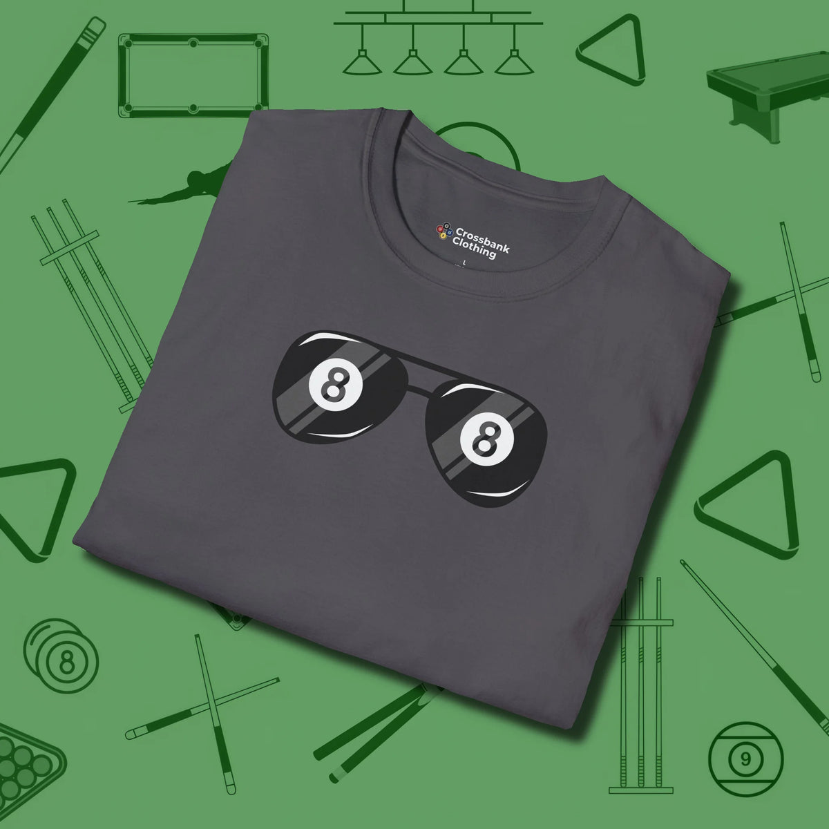Eight Ball Shades T-Shirt, folded view, in Charcoal cue sports swagger done right