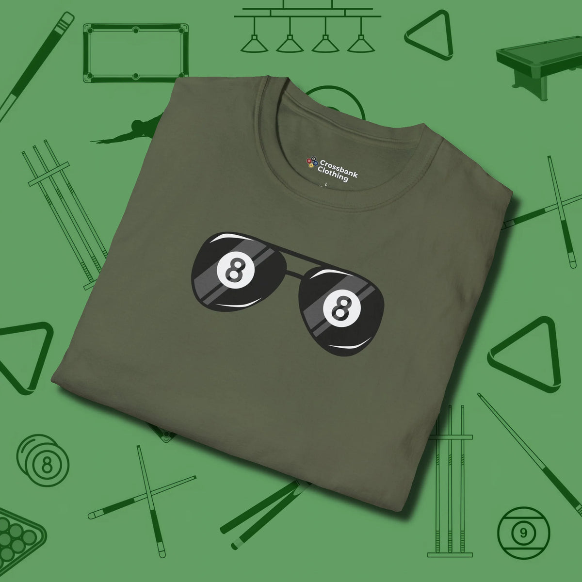 Eight Ball Shades T-Shirt, folded view, in Military Green for players who live the game