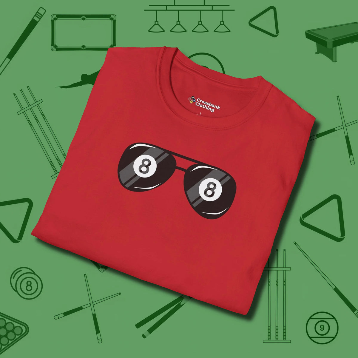 Eight Ball Shades T-Shirt, folded view, in Red stitched for cue discipline and cool confidence