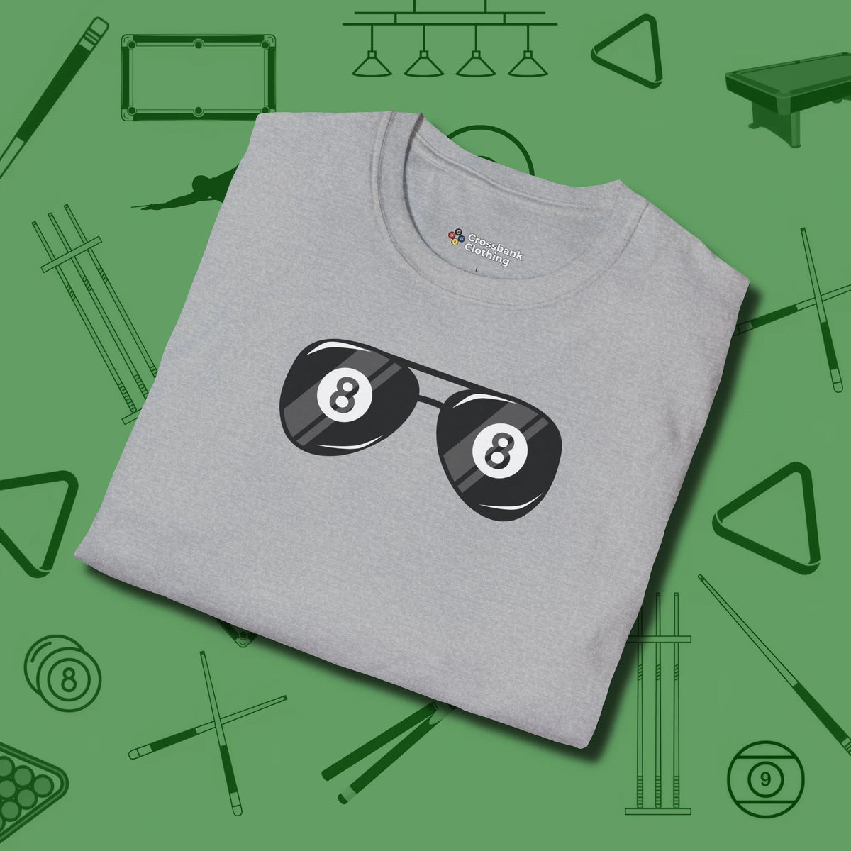 Eight Ball Shades T-Shirt, folded view, in Sport Grey an extension of your pool persona