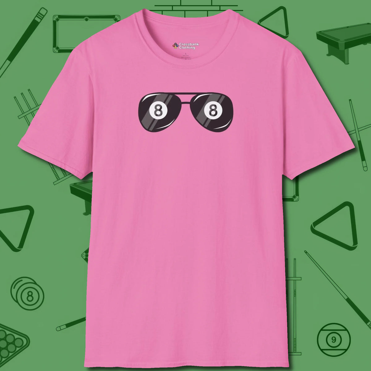 Eight Ball Shades T-Shirt, front view, in Azalea not your average 8-ball graphic tee