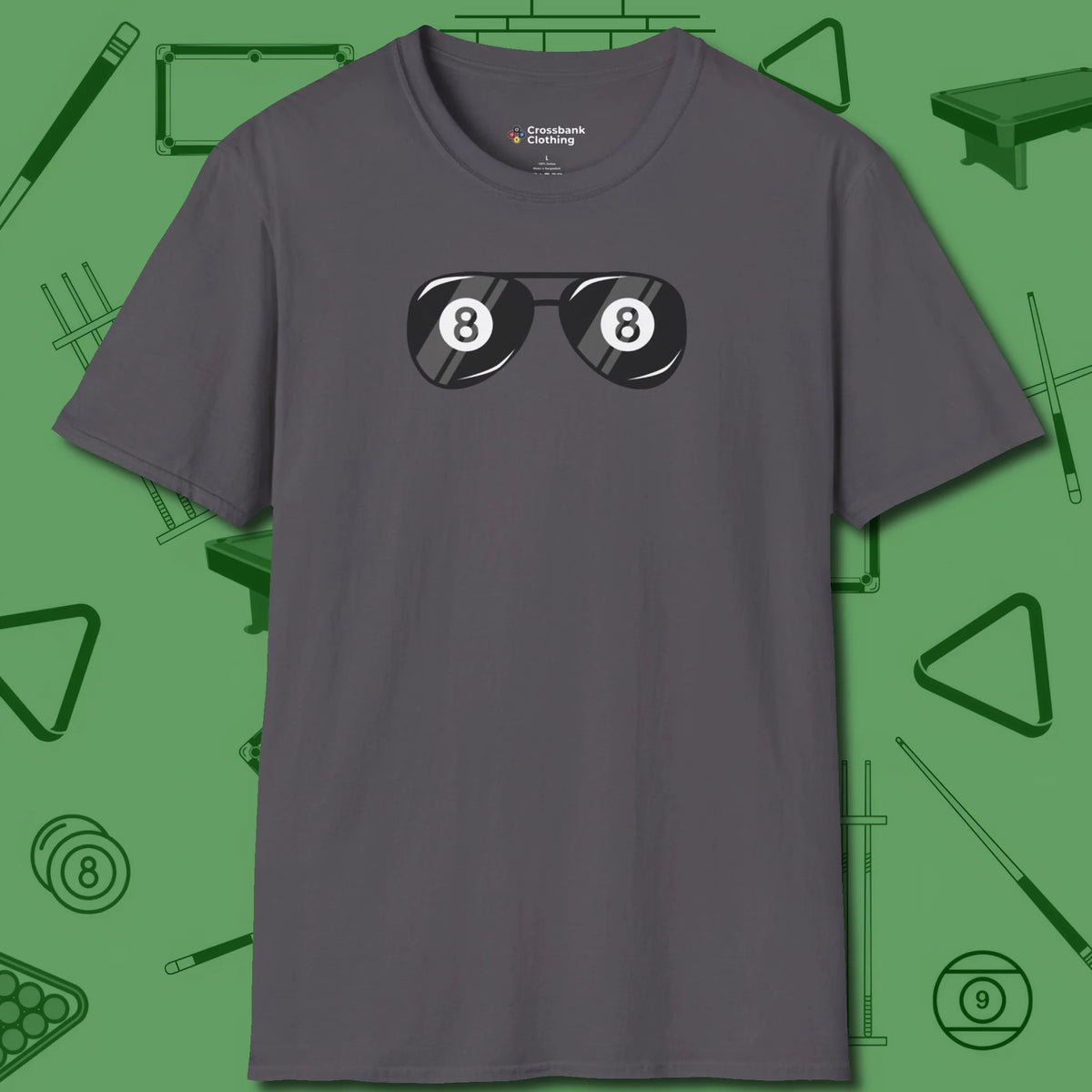 Eight Ball Shades T-Shirt, front view, in Charcoal put your best game on display