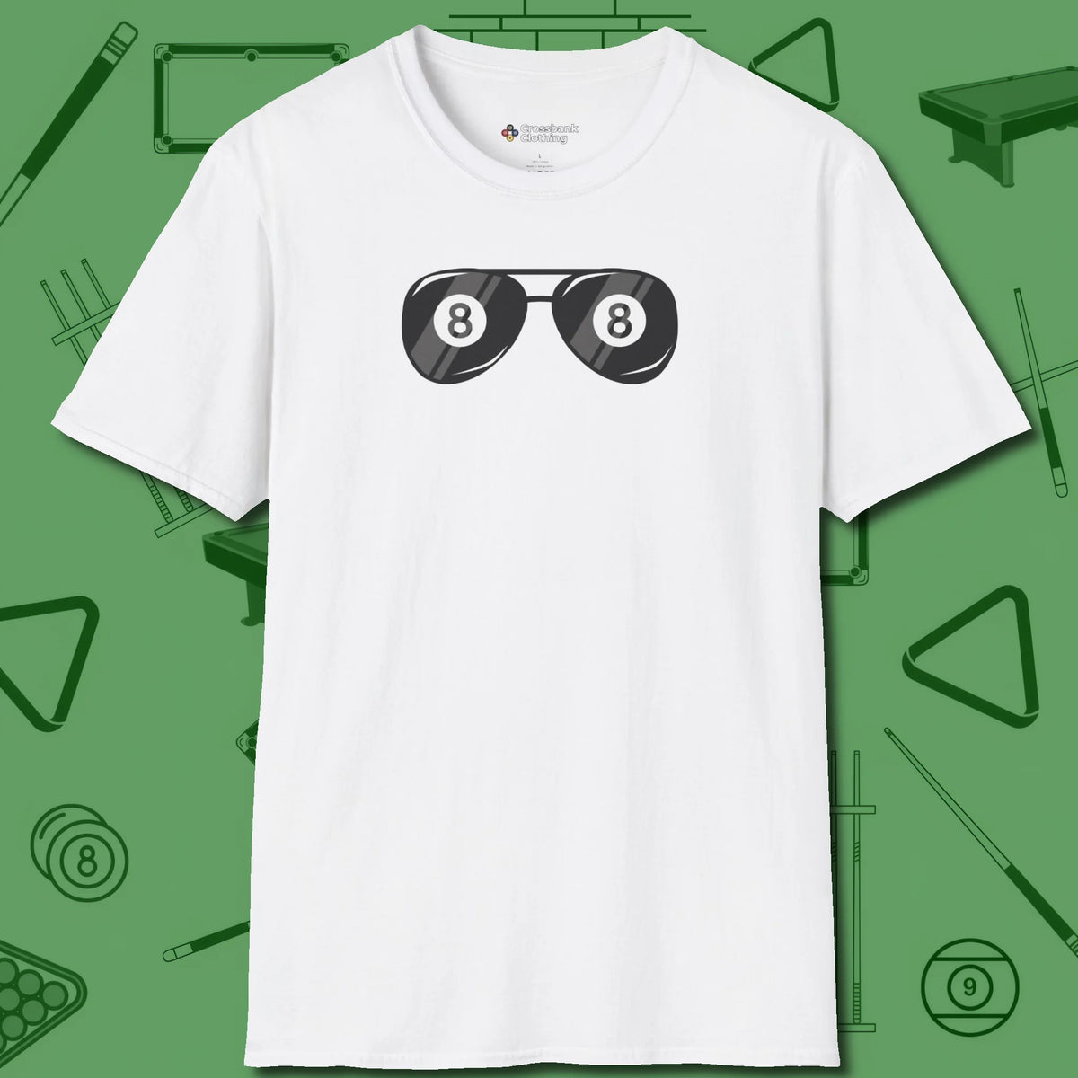 Eight Ball Shades T-Shirt, front view, in White cool under pressure, hot on the eyes