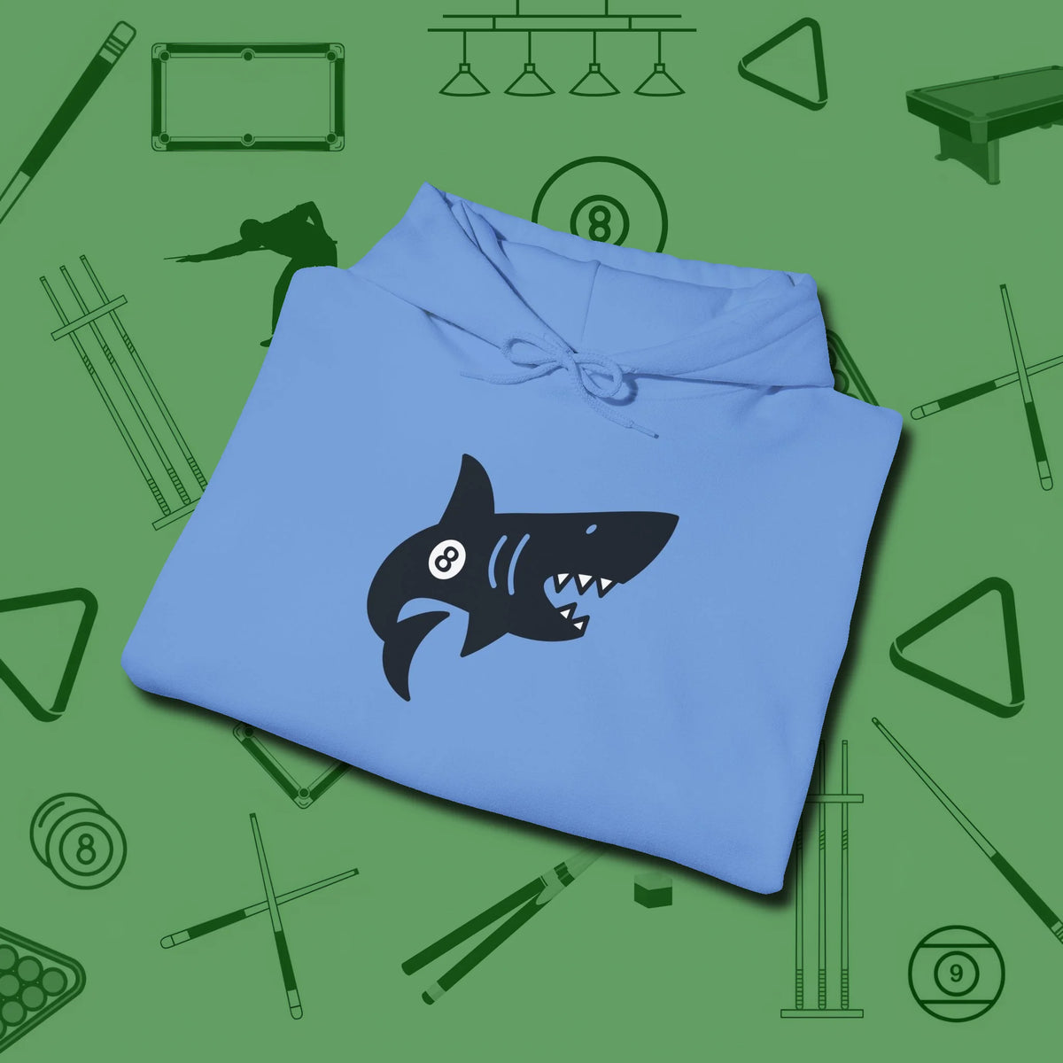 Eight Ball Shark Hoodie, folded view, in Carolina Blue styled to dominate from rack to run-out