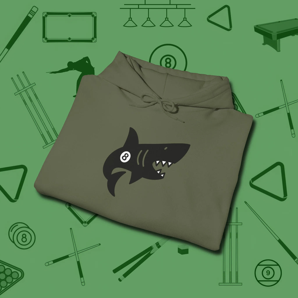 Eight Ball Shark Hoodie, folded view, in Military Green like your stroke — smooth and deliberate