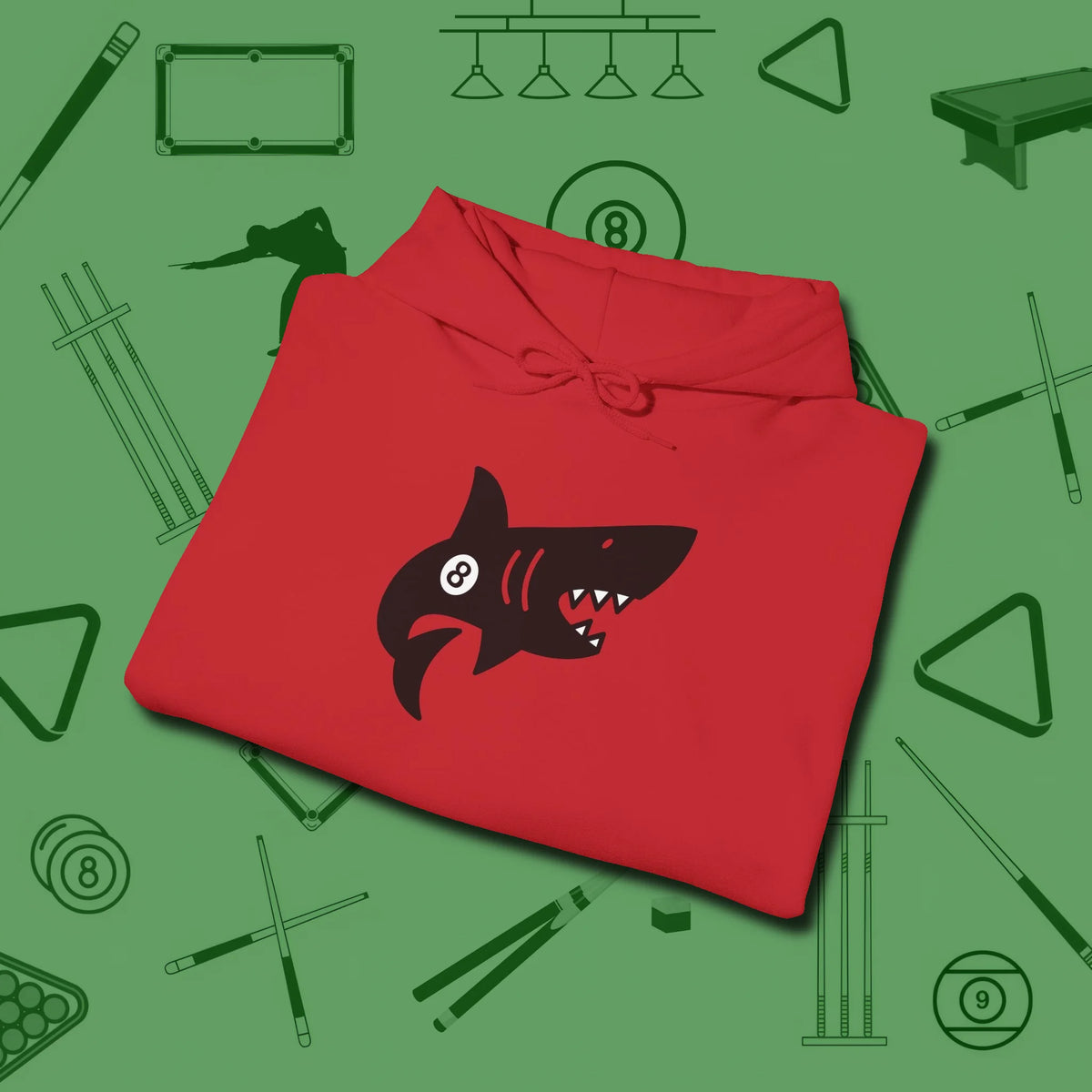 Eight Ball Shark Hoodie, folded view, in Red make every shot — and outfit — count