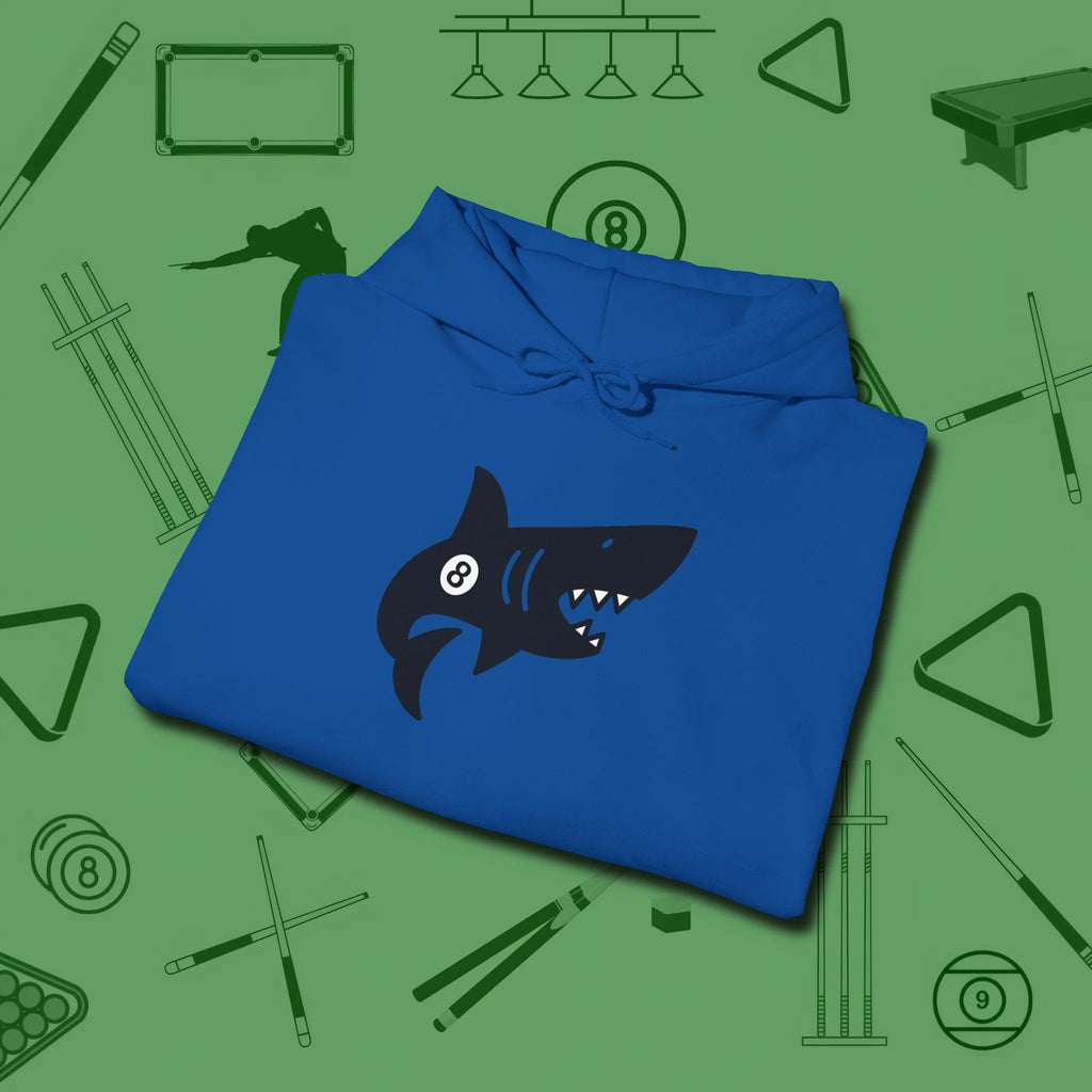 Eight Ball Shark Hoodie, folded view, in Royal an extension of your pool persona
