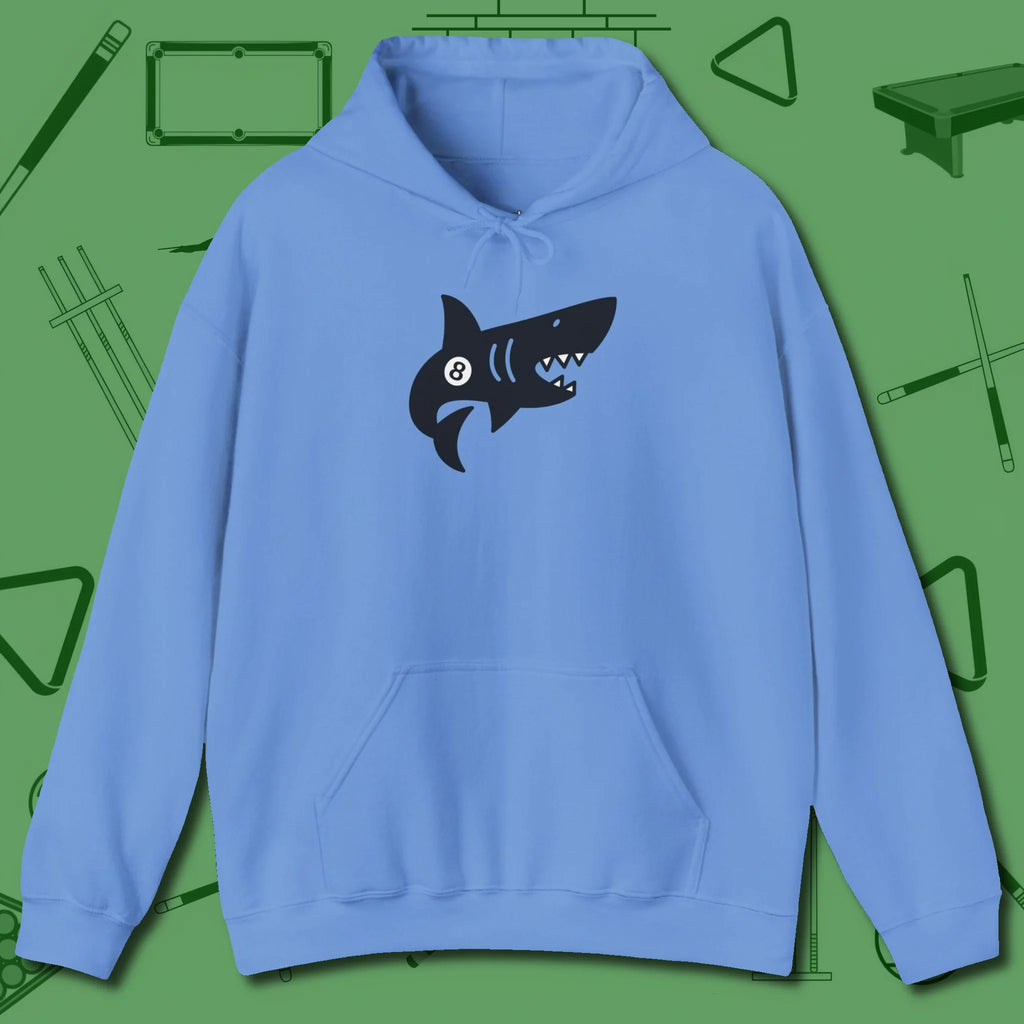 Eight Ball Shark Hoodie, front view, in Carolina Blue helps your stroke and your style