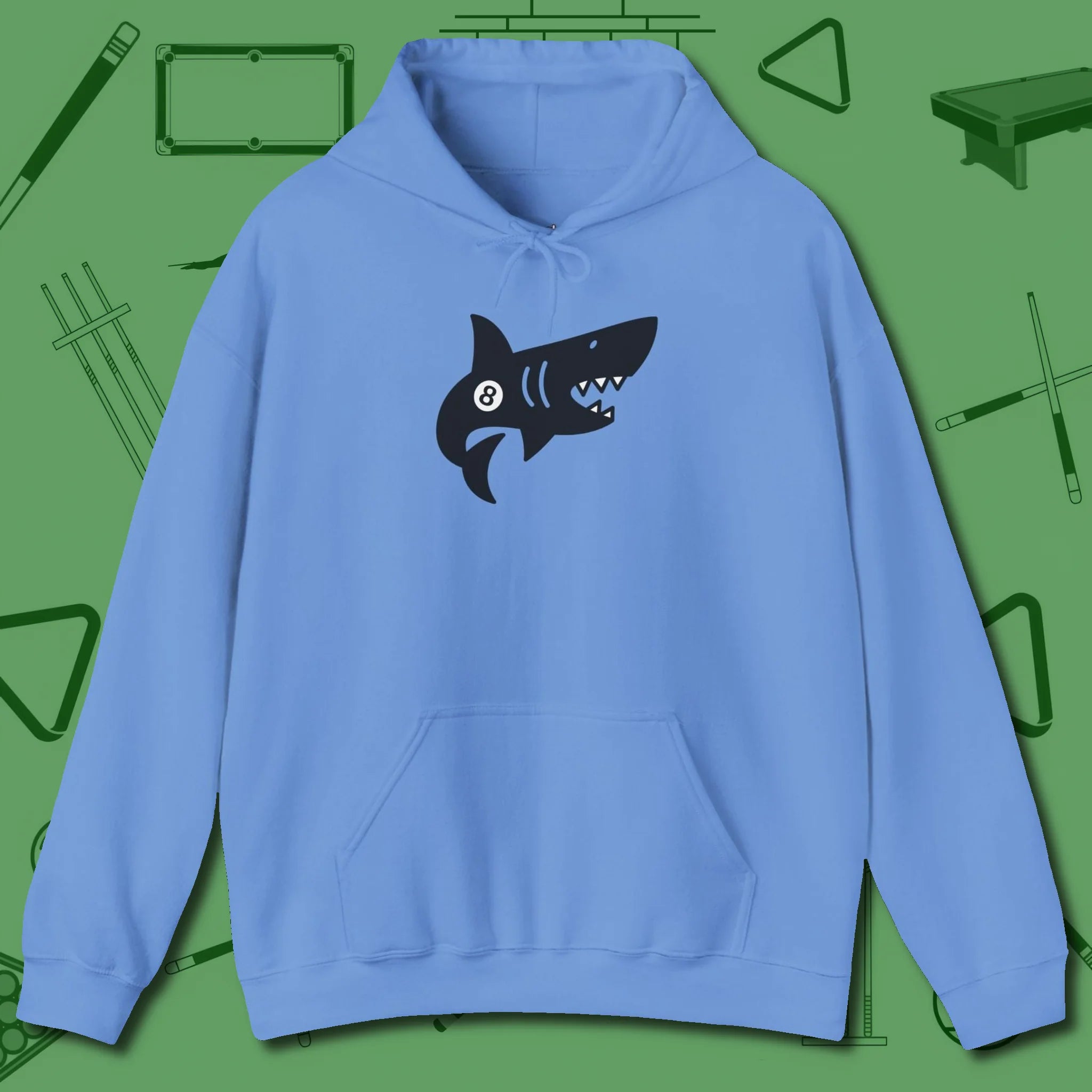 Eight Ball Shark Hoodie, front view, in Carolina Blue helps your stroke and your style