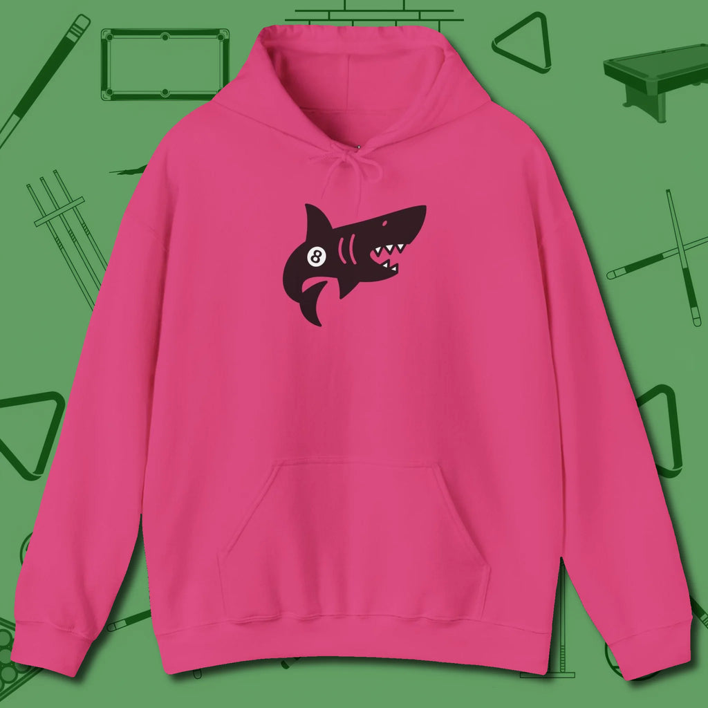 Eight Ball Shark Hoodie, front view, in Heliconia stitched for cue discipline and cool confidence