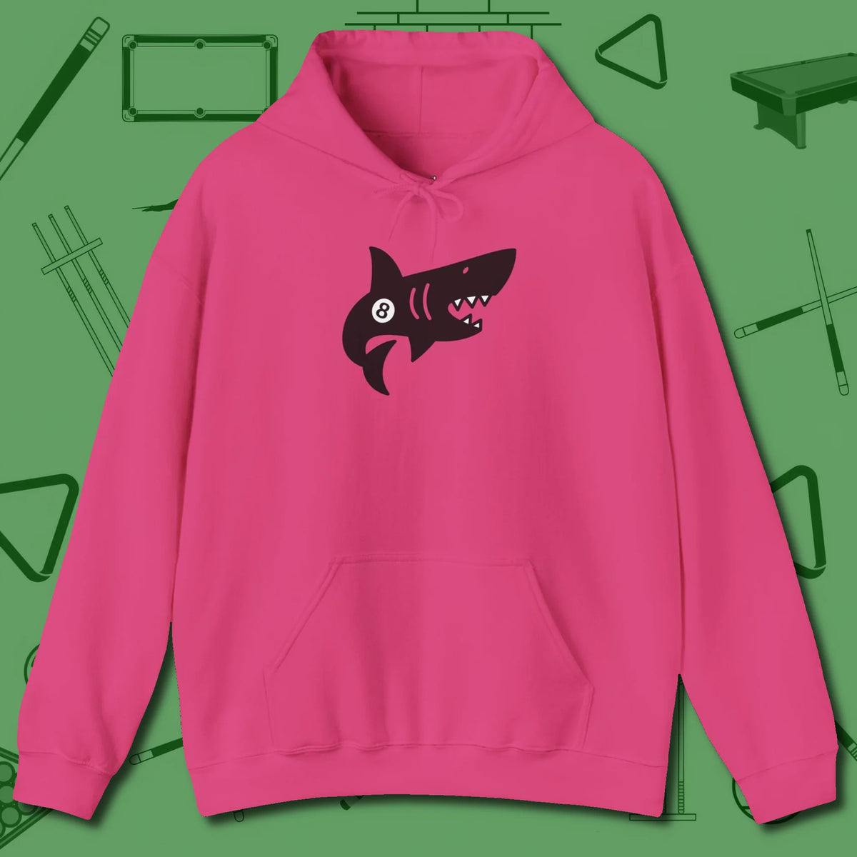 Eight Ball Shark Hoodie, front view, in Heliconia stitched for cue discipline and cool confidence