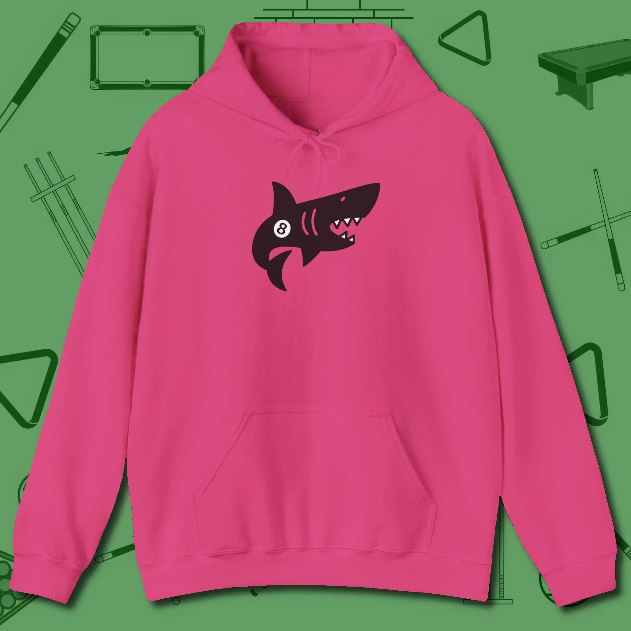 Eight Ball Shark Hoodie, front view, in Heliconia stitched for cue discipline and cool confidence