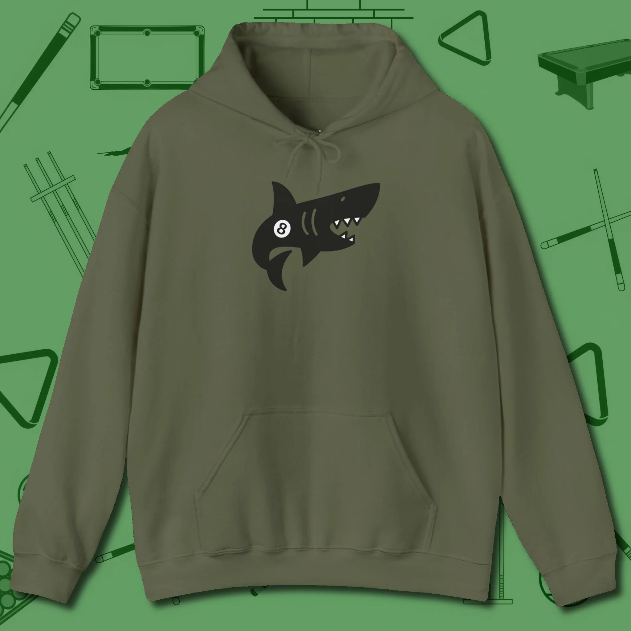 Eight Ball Shark Hoodie, front view, in Military Green precise, confident, always in control
