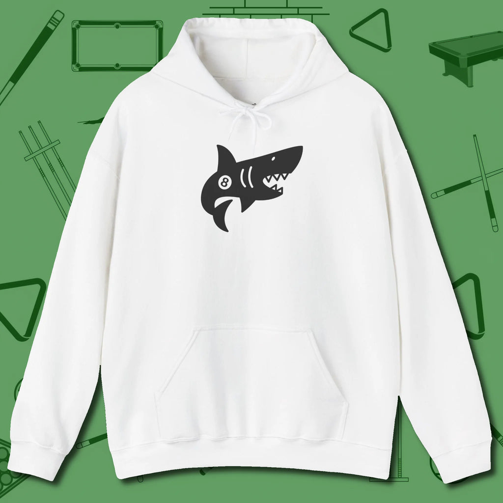 Eight Ball Shark Hoodie, front view, in White like your stroke — smooth and deliberate
