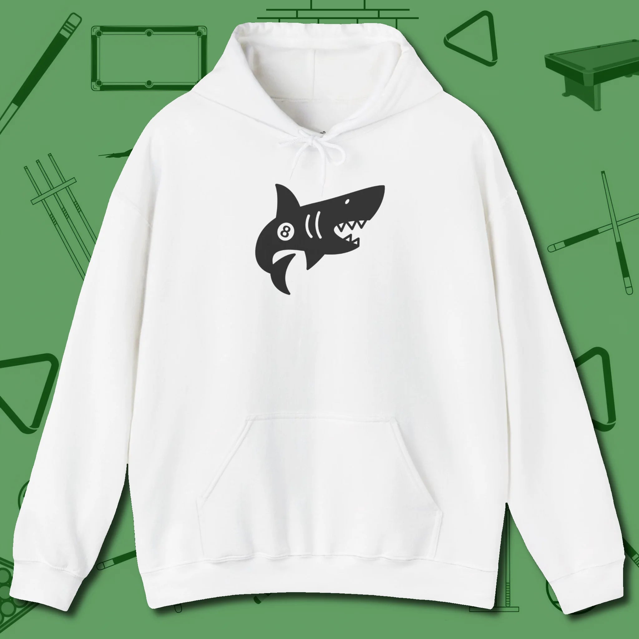 Eight Ball Shark Hoodie, front view, in White like your stroke — smooth and deliberate