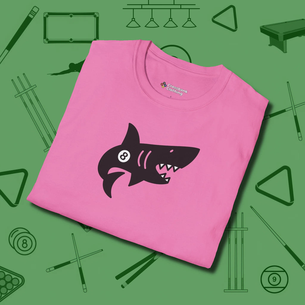 Eight Ball Shark T-Shirt, folded view, in Azalea clean lines for dirty minds