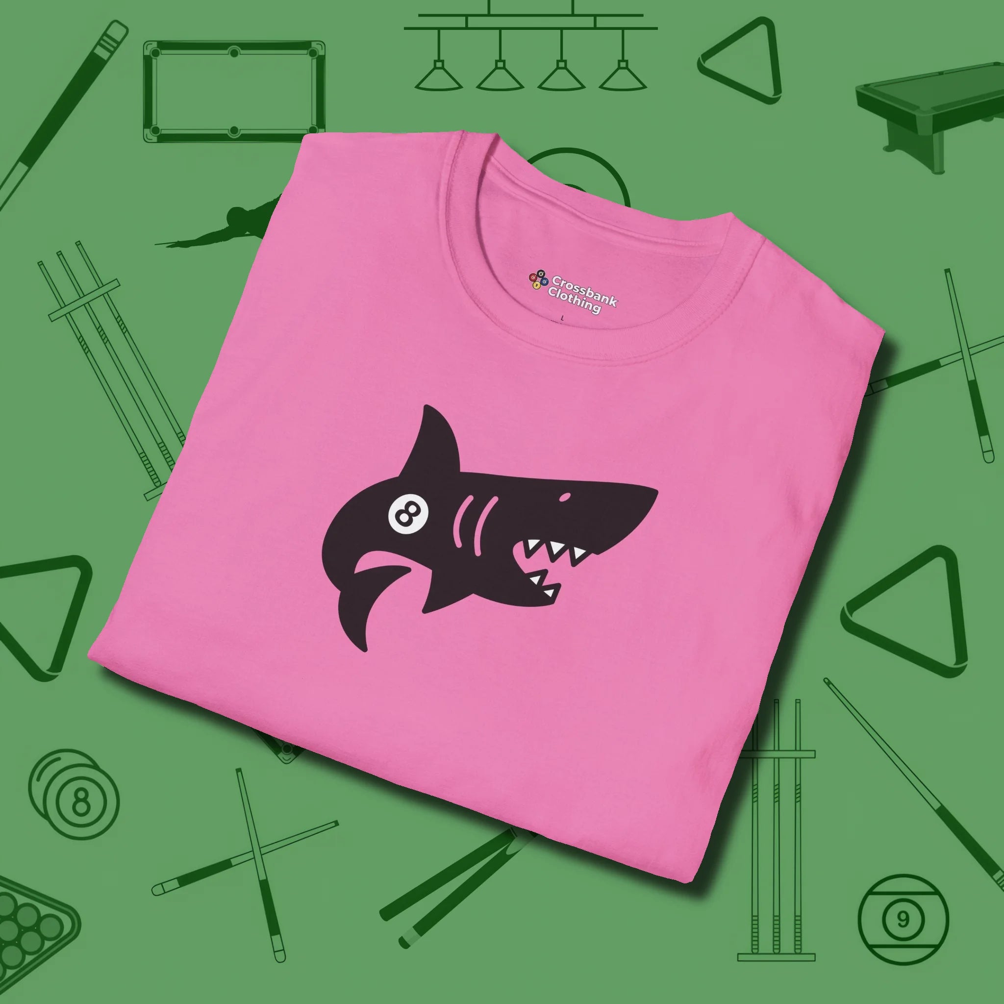 Eight Ball Shark T-Shirt, folded view, in Azalea clean lines for dirty minds