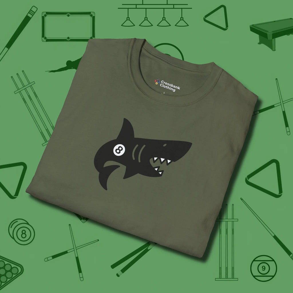 Eight Ball Shark T-Shirt, folded view, in Military Green cue sports swagger done right