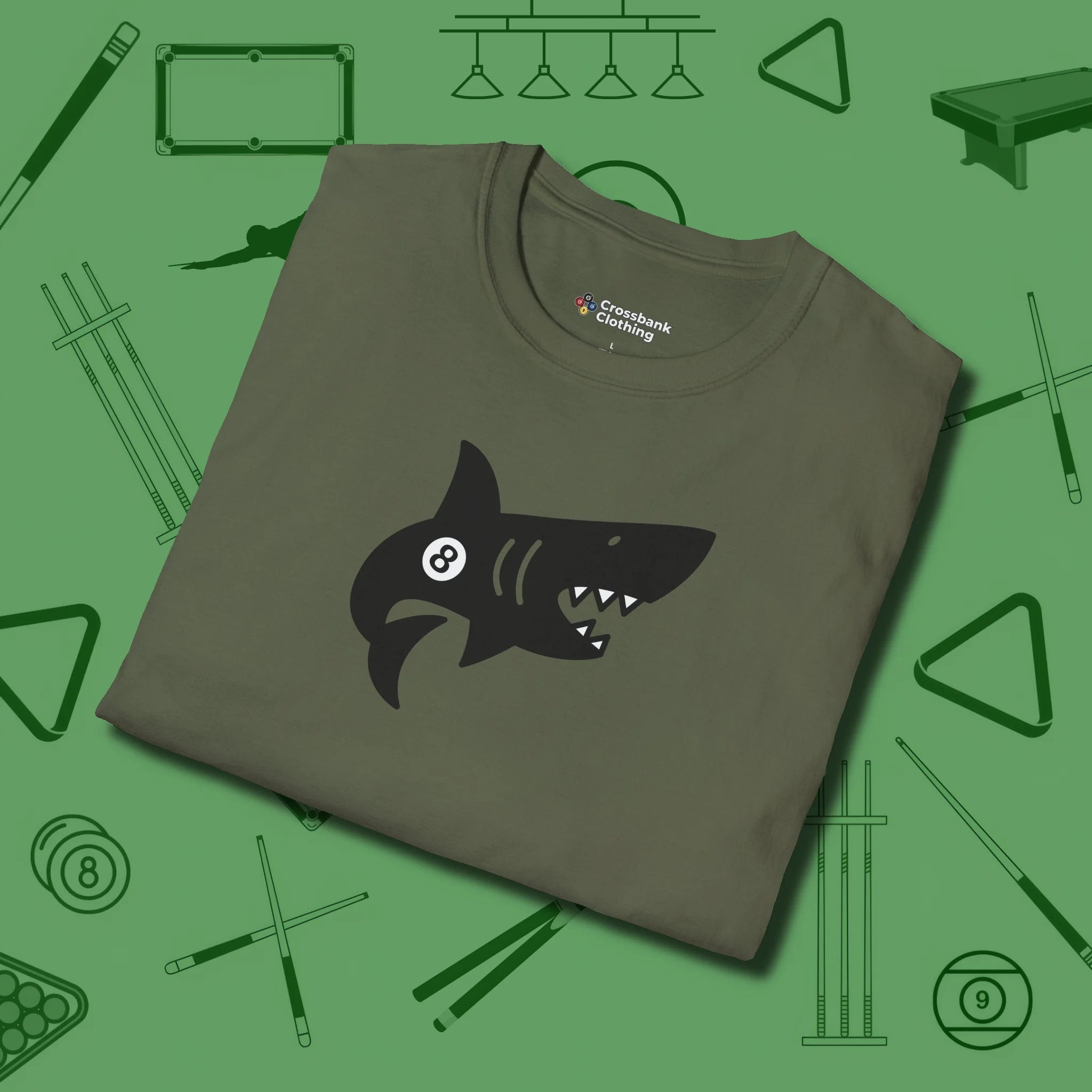 Eight Ball Shark T-Shirt, folded view, in Military Green cue sports swagger done right