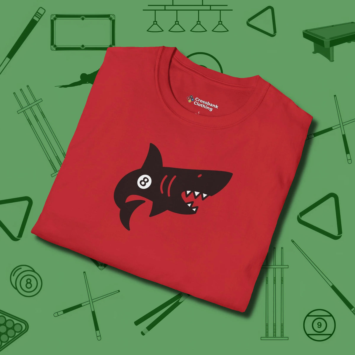 Eight Ball Shark T-Shirt, folded view, in Red classic cue style, no gimmicks