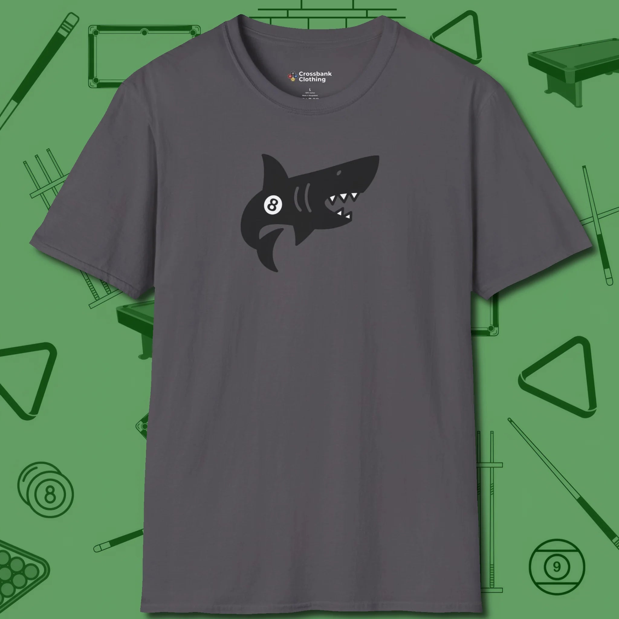 Eight Ball Shark T-Shirt, front view, in Charcoal earns respect before the first shot