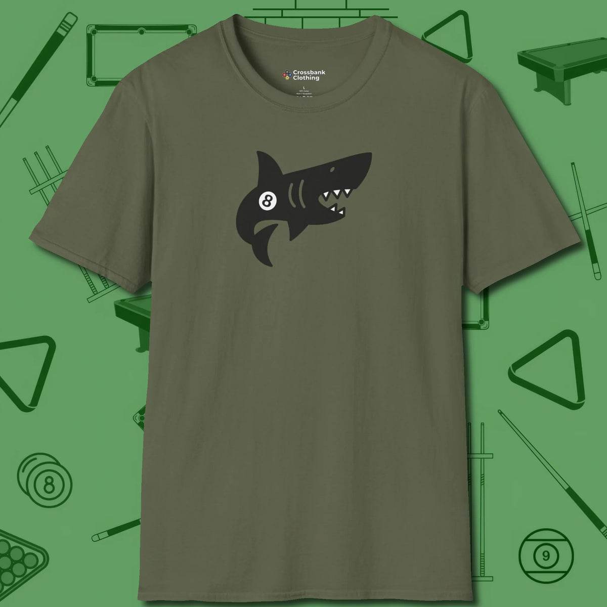 Eight Ball Shark T-Shirt, front view, in Military Green because the table is your battlefield