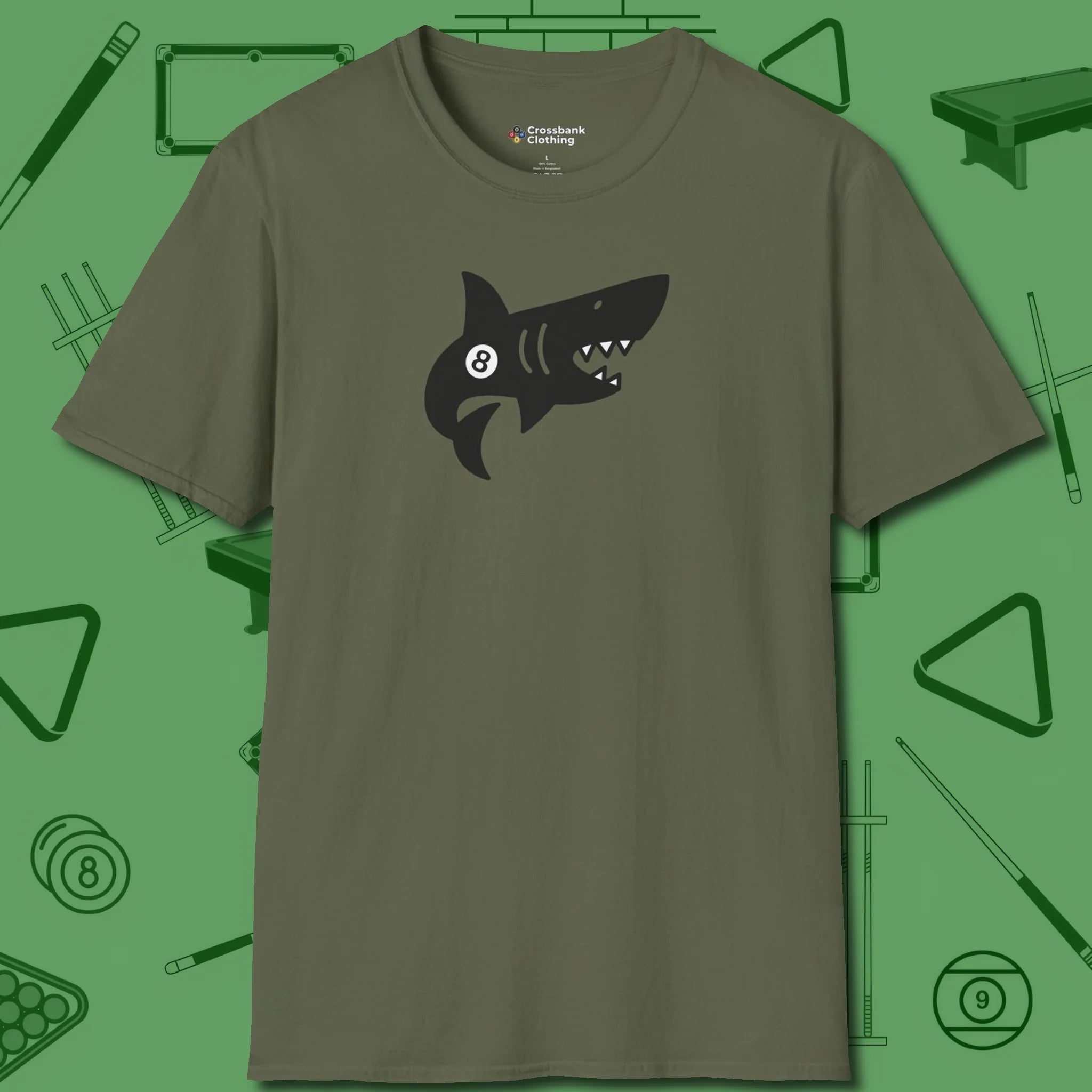 Eight Ball Shark T-Shirt, front view, in Military Green because the table is your battlefield