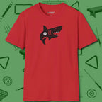 Eight Ball Shark T-Shirt, front view, in Red poolroom style with tournament attitude