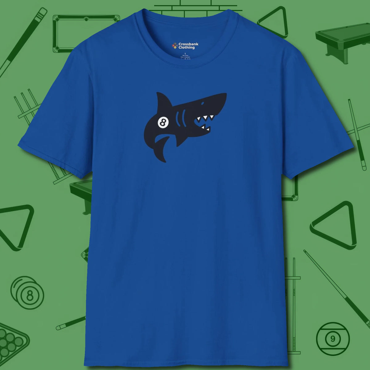 Eight Ball Shark T-Shirt, front view, in Royal subtle drip for serious shooters