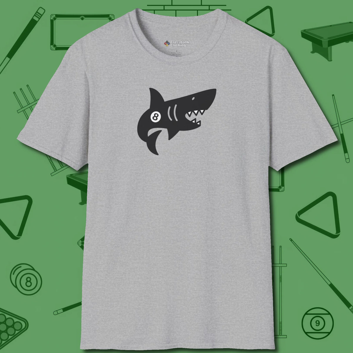Eight Ball Shark T-Shirt, front view, in Sport Grey where cue control meets personal style
