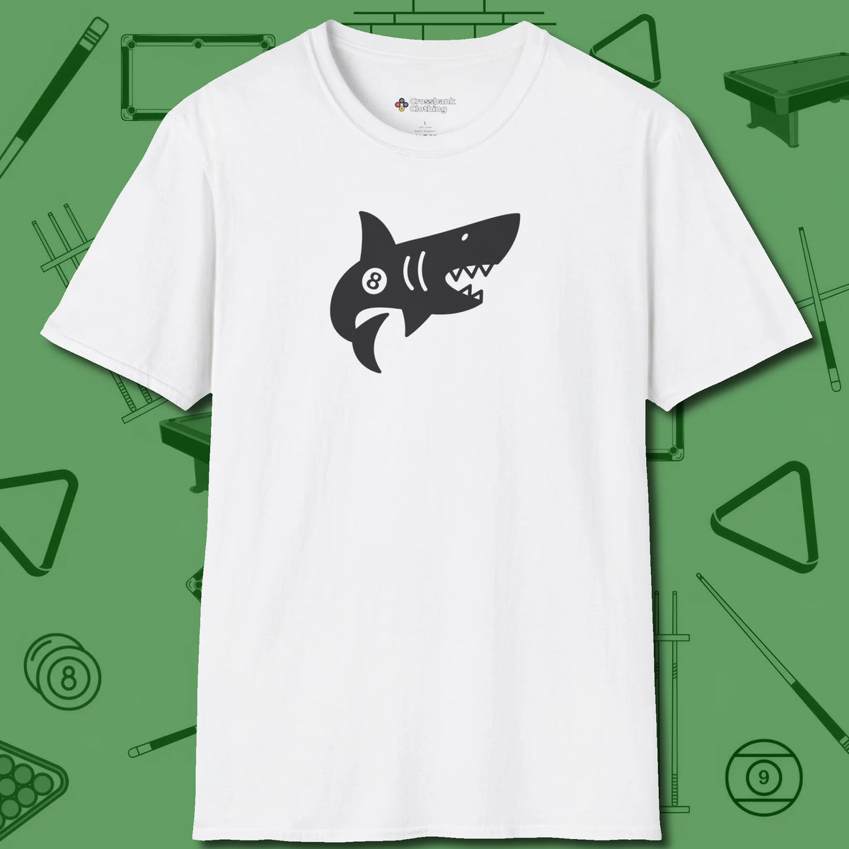 Eight Ball Shark T-Shirt, front view, in White for players who live the game