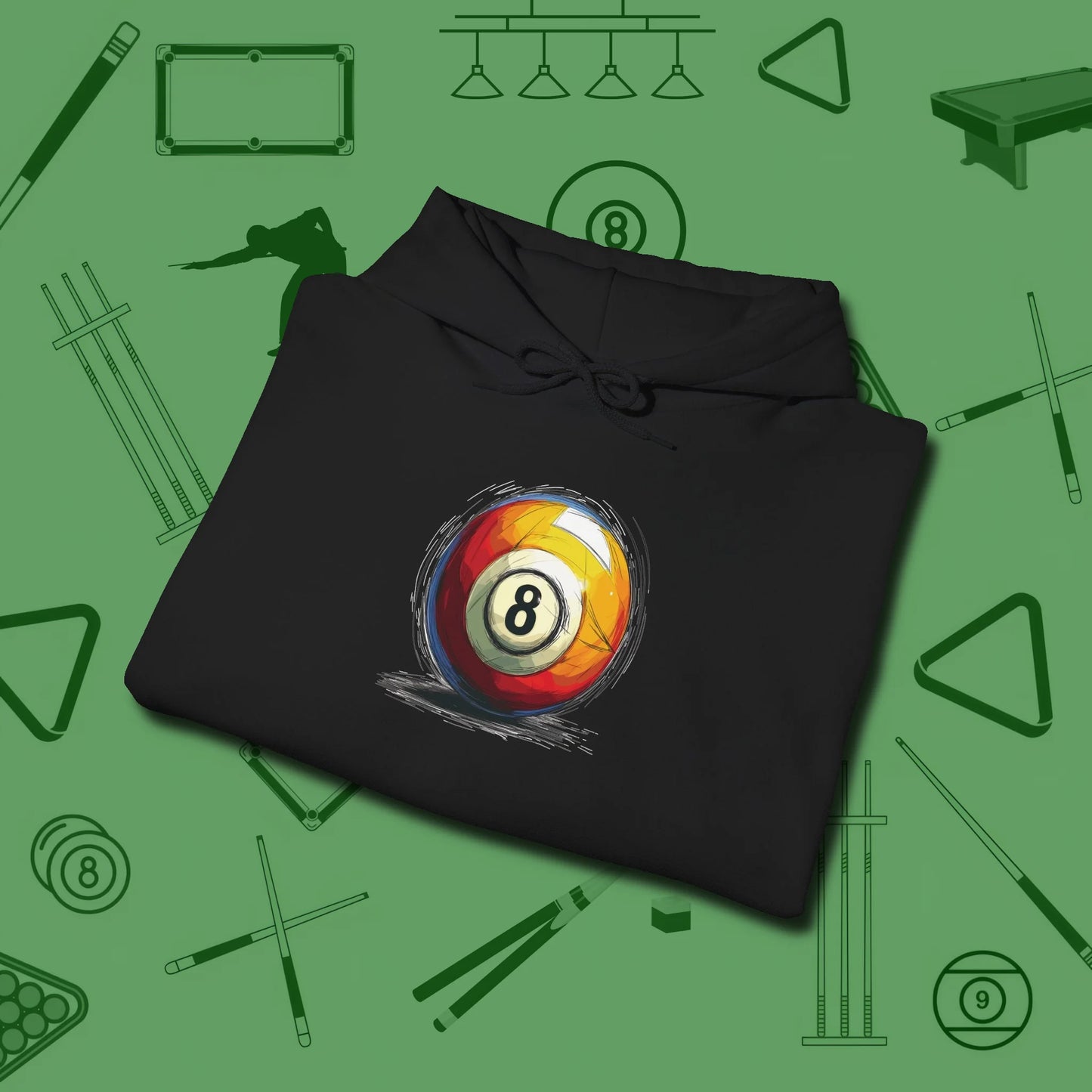 Eight Ball Sketch Hoodie, folded view, in Black smart enough for the felt and the street