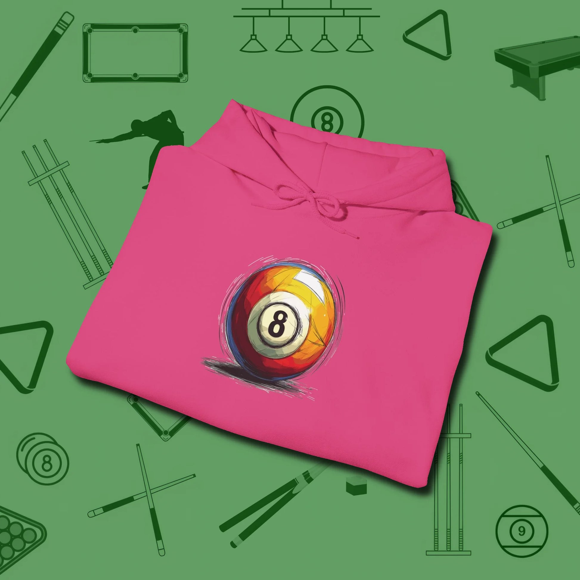 Eight Ball Sketch Hoodie, folded view, in Heliconia your secret weapon off the table