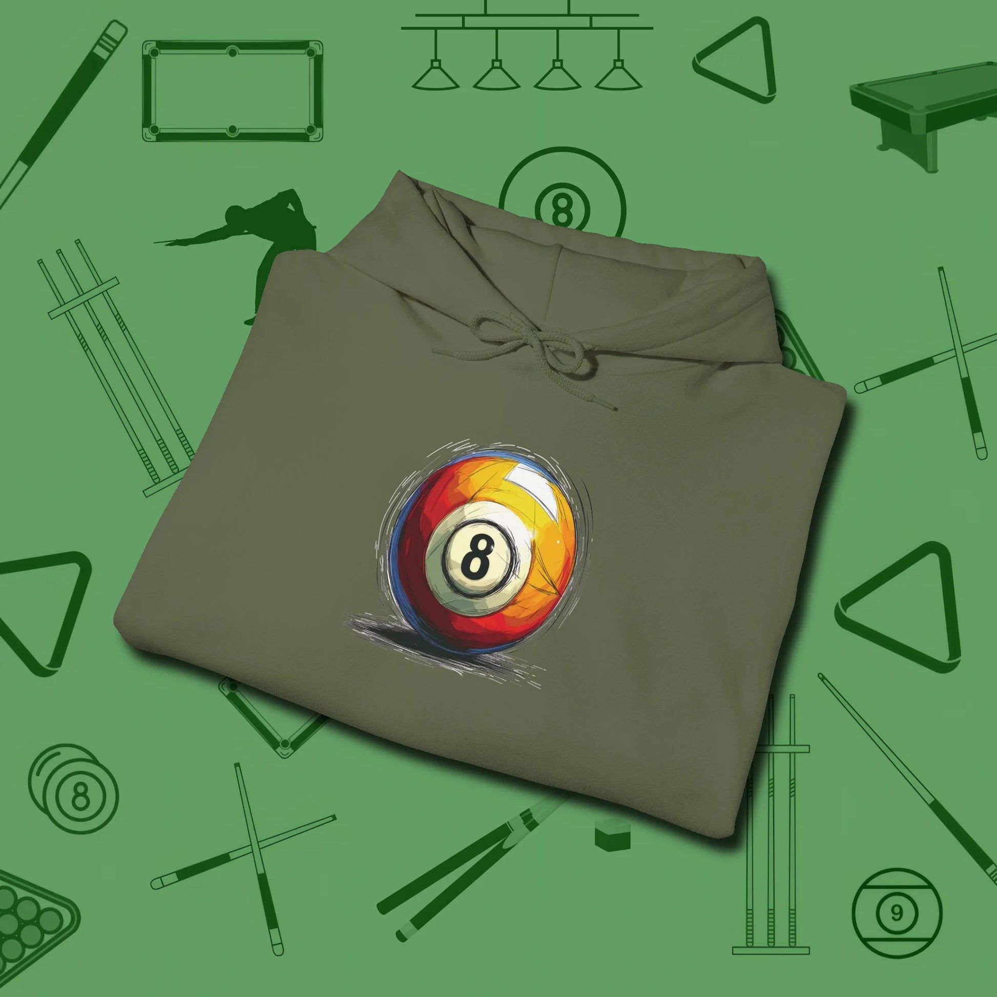Eight Ball Sketch Hoodie, folded view, in Military Green not your average 8-ball graphic tee