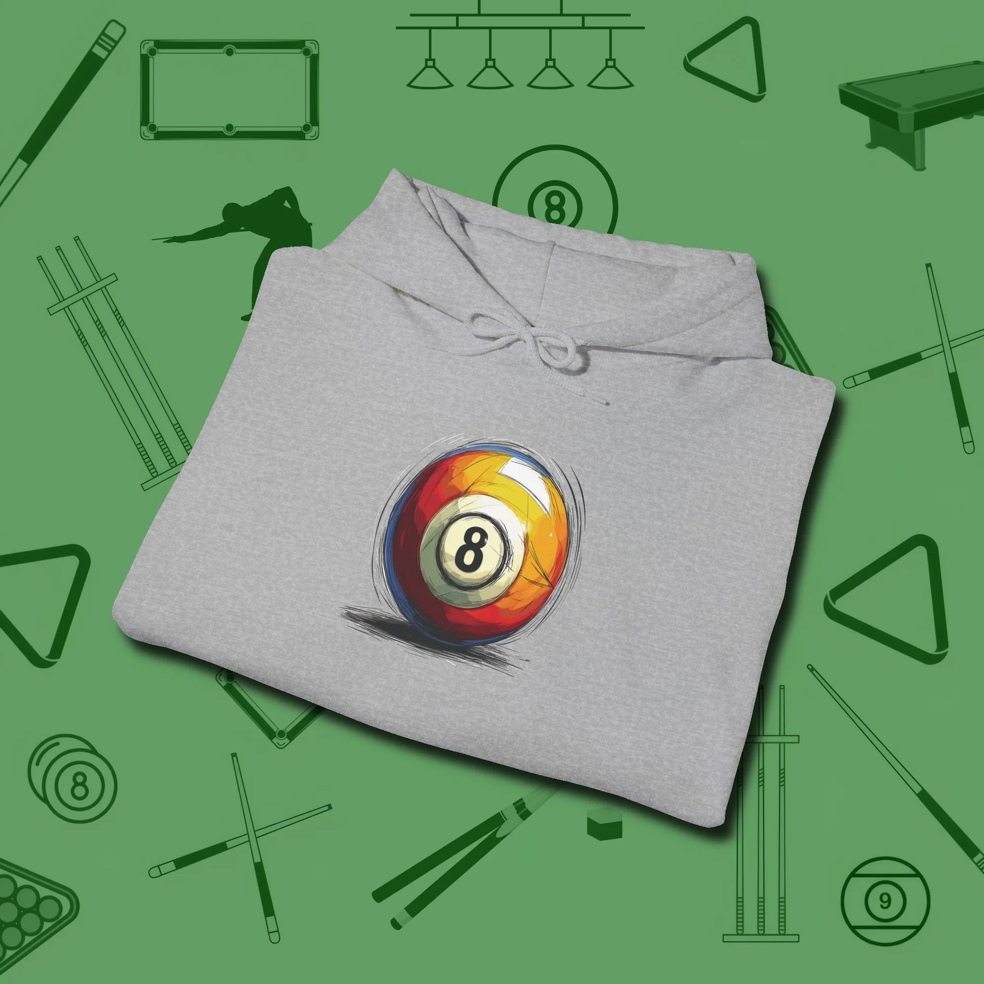 Eight Ball Sketch Hoodie, folded view, in Sport Grey put your best game on display