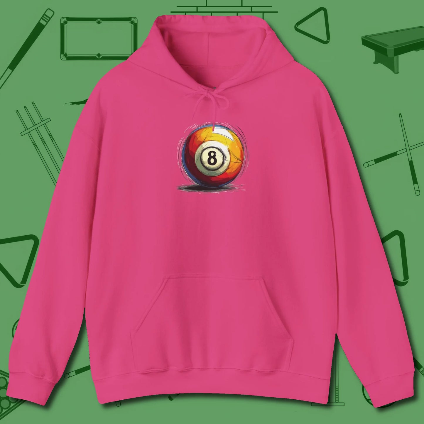 Eight Ball Sketch Hoodie, front view, in Heliconia because pool isn’t just a game — it’s who you are