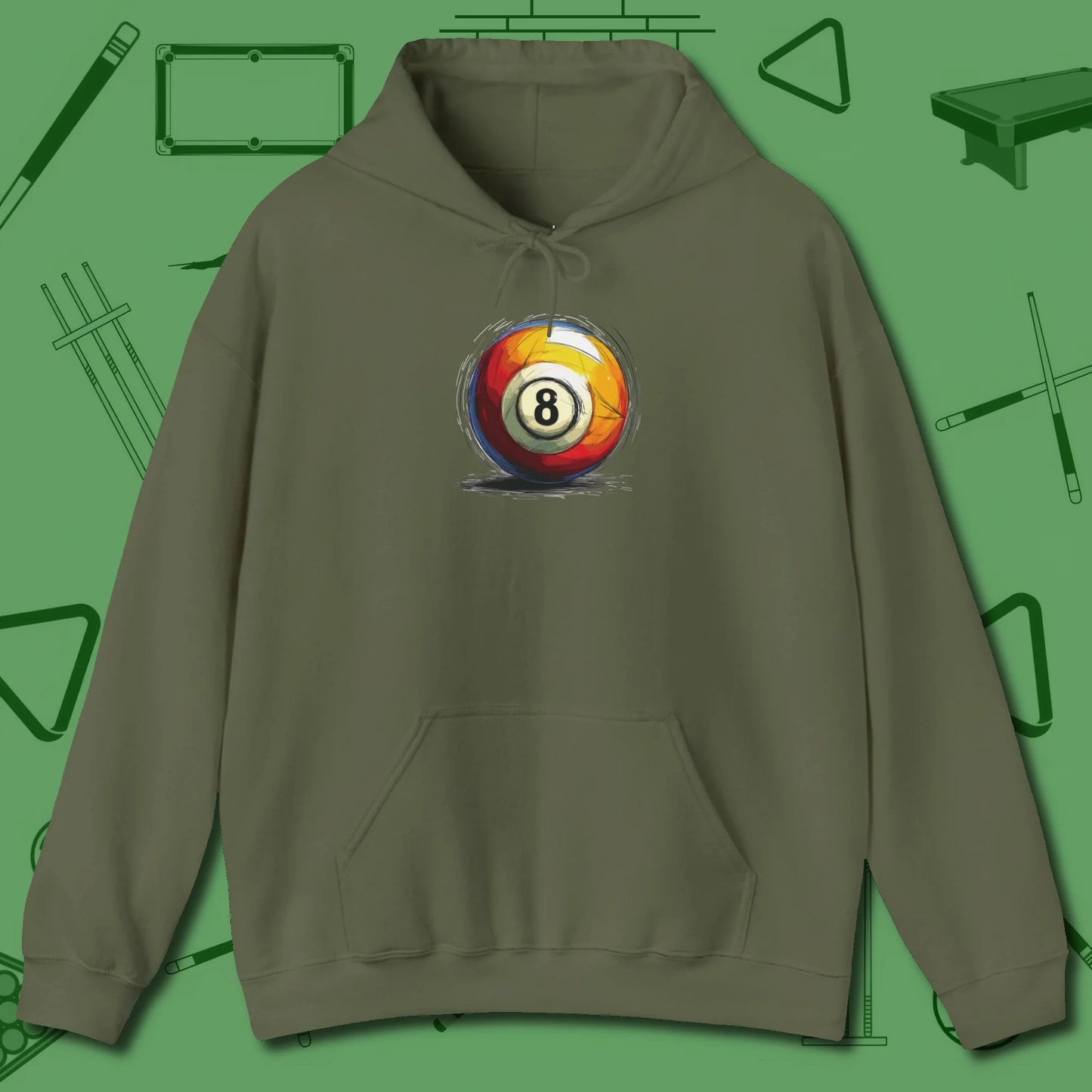 Eight Ball Sketch Hoodie, front view, in Military Green fashion with break-and-run energy