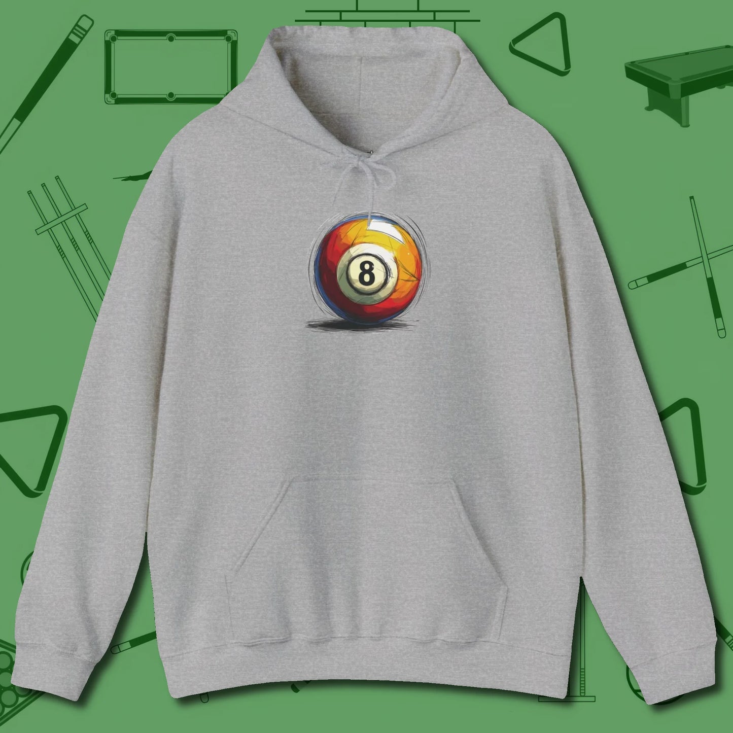 Eight Ball Sketch Hoodie, front view, in Sport Grey clean lines for dirty minds