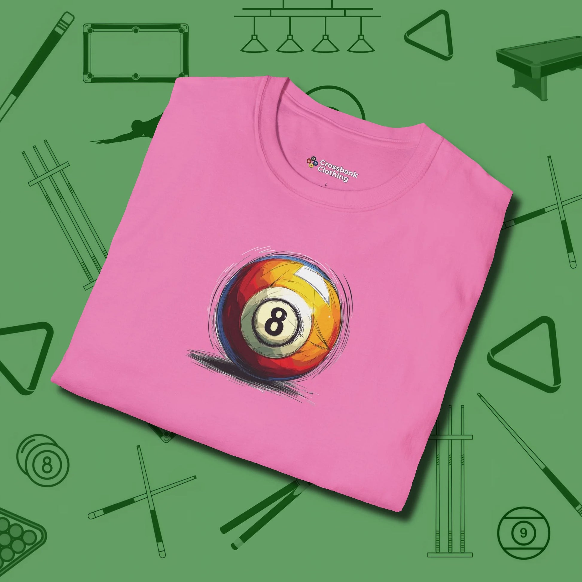 Eight Ball Sketch T-Shirt, folded view, in Azalea attitude built for the long haul