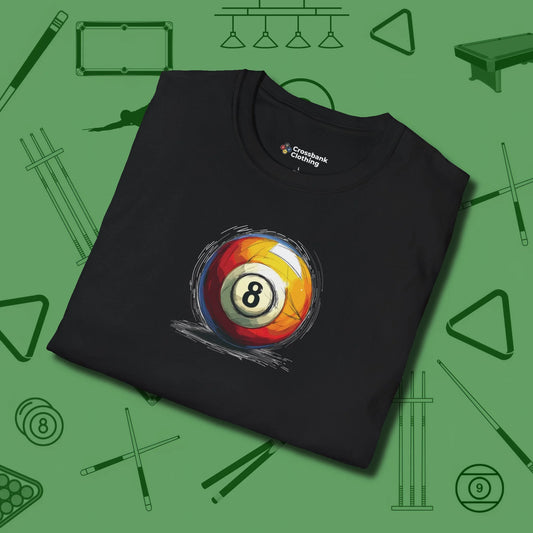 Eight Ball Sketch T-Shirt, folded view, in Black poolroom style with tournament attitude