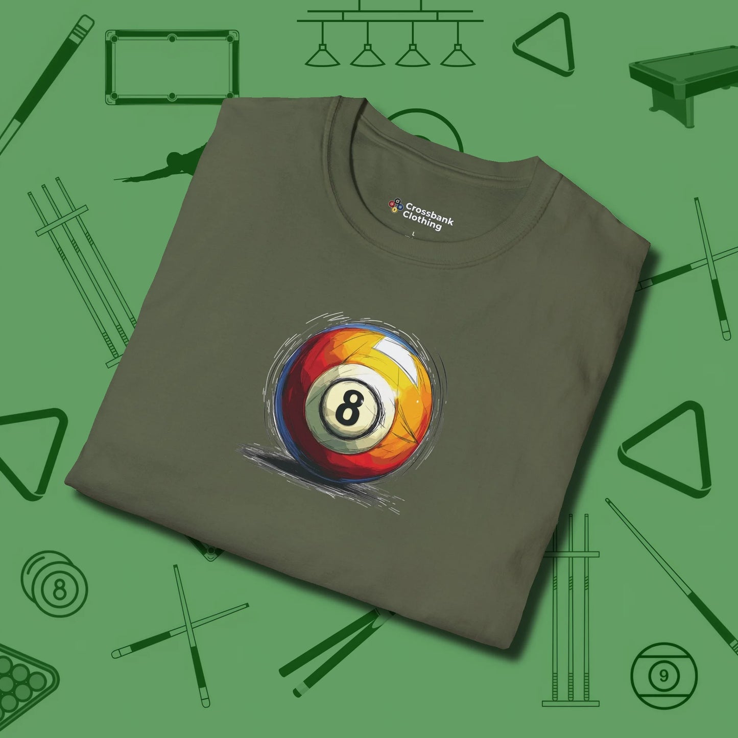 Eight Ball Sketch T-Shirt, folded view, in Military Green the official uniform of the after-hours crew
